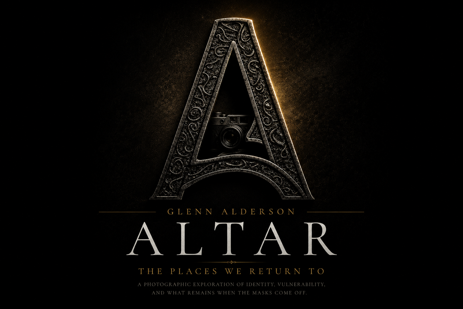 ALTAR logo by Glenn Alderson featuring an ornate letter A with a hidden camera, symbolising photography, identity and self-discovery.