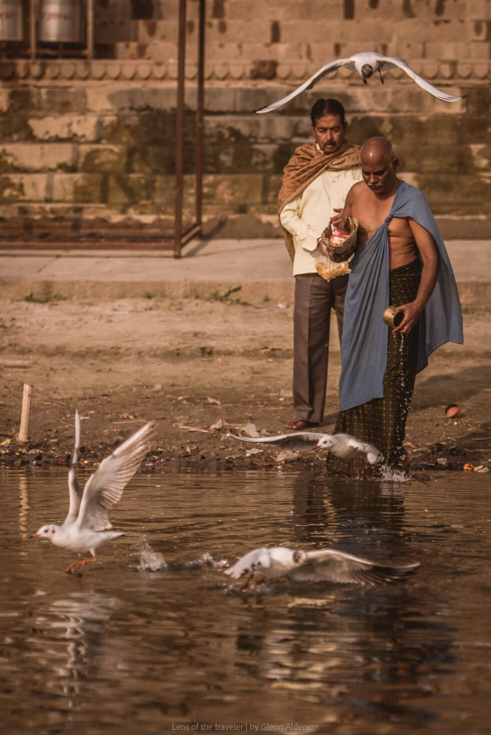 A person by the water with birds, Varanasi, India — Glenn Alderson